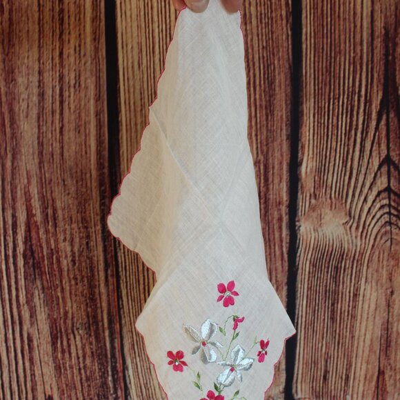 Vintage Christmas Handkerchief, Silver Poinsettia Print Red Trim, Holiday Theme - Picture 3 of 10